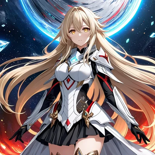 Prompt: anime, girl, detailed, very detailed, a woman in a white clothes, black skirt, stars and galactic in the background, official art, anime, girl, detailed, very detailed, crystal yellow eyes, very long blonde hair, 8k, detailed eyes, Anime illustration of a tall woman, black thigh-highs, bright pupils, space, starfalls , high quality, thin body, anime art, detailed eyes, professional, atmospheric lighting, normal hands, five fingers, aura, adult woman, cold face, sharp eyes, 1girl, glowing eyes, Lumine from genshin impact, dress, textured corset with gold accessories, wearing long black gloves, pyrokinesis, flame, white long arms shirt with black gloves, a white armor futuristic suit with bare shoulders, Very long blonde hair