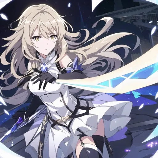 Prompt: anime, girl, detailed, very detailed, a woman in a white shirt inside, black skirt with a sword on a city street with skyscrapers in the background, official art, anime, girl, detailed, very detailed, crystal yellow eyes, very long blonde hair, 8k, detailed eyes, wearing gloves, Anime illustration of a tall woman, light fairy wings, black thigh-highs and black gloves, bright pupils, space, starfalls , high quality, thin body, anime art, detailed eyes, professional, atmospheric lighting, normal hands, five fingers, aura, adult woman, cold face, sharp eyes, 1girl, glowing eyes, Lumine from genshin impact