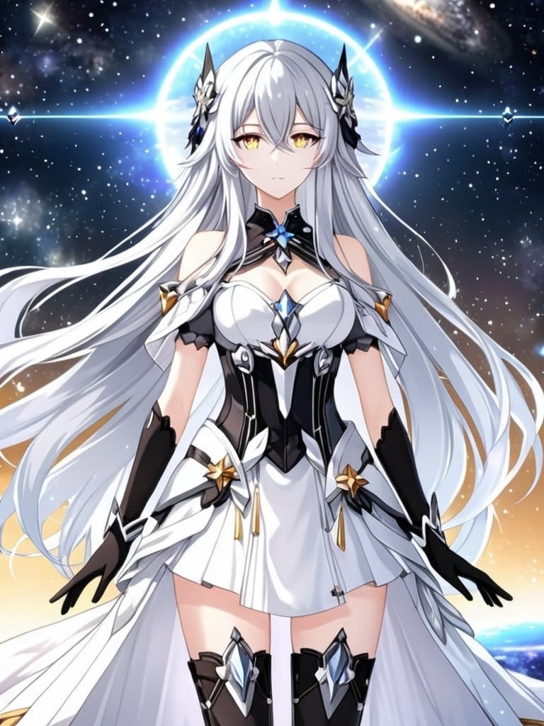 Prompt: Crystal golden eyes, very long silver hair, galactic background, 8k, he, detailed eyes, glove holding, textured dress, textured corset with silver accessories, Anime illustration of a tall woman wearing a white dress, hands behind back, black thigh-highs and black gloves, bright pupils, space, starfalls , high quality, thin body, anime art, detailed eyes, professional, atmospheric lighting, normal hands, five fingers, aura, adult woman, cold face, herrscher from honkai impact's outfit, sharp eyes, 1girl, glowing eyes, sun