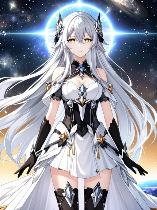 Prompt: Crystal golden eyes, very long silver hair, galactic background, 8k, he, detailed eyes, glove holding, textured dress, textured corset with silver accessories, Anime illustration of a tall woman wearing a white dress, hands behind back, black thigh-highs and black gloves, bright pupils, space, starfalls , high quality, thin body, anime art, detailed eyes, professional, atmospheric lighting, normal hands, five fingers, aura, adult woman, cold face, herrscher from honkai impact's outfit, sharp eyes, 1girl, glowing eyes, sun