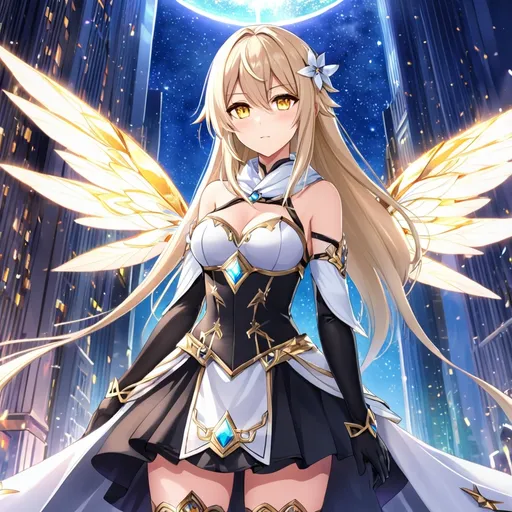 Prompt: anime, girl, detailed, very detailed, a woman in a black clothes, black skirt with a sword on a city street with skyscrapers in the background, official art, anime, girl, detailed, very detailed, crystal yellow eyes, very long blonde hair, 8k, detailed eyes, Anime illustration of a tall woman, gold light fairy wings, black thigh-highs, bright pupils, space, starfalls , high quality, thin body, anime art, detailed eyes, professional, atmospheric lighting, normal hands, five fingers, aura, adult woman, cold face, sharp eyes, 1girl, glowing eyes, Lumine from genshin impact, dress, textured corset with gold accessories, wearing long black gloves, bare shoulders, pyrokinesis, flame