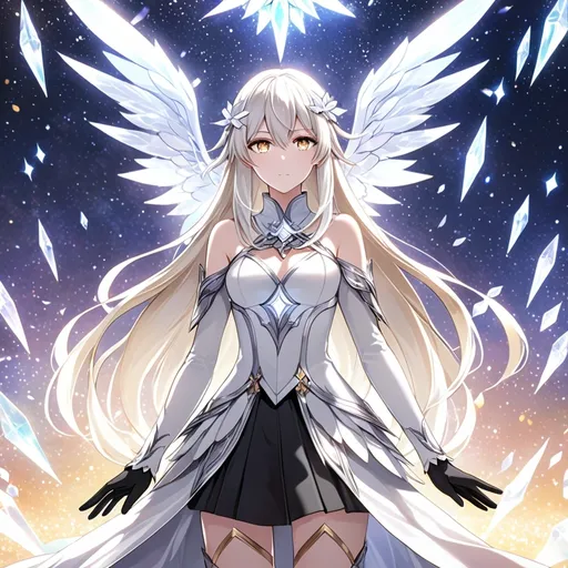 Prompt: anime, girl, detailed, very detailed, a woman in a white clothes, black skirt, stars and galactic in the background, official art, anime, girl, detailed, very detailed, crystal yellow eyes, very long blonde hair, 8k, detailed eyes, Anime illustration of a tall woman, gold light fairy wings, black thigh-highs, bright pupils, space, starfalls , high quality, thin body, anime art, detailed eyes, professional, atmospheric lighting, normal hands, five fingers, aura, adult woman, cold face, sharp eyes, 1girl, glowing eyes, Lumine from genshin impact, dress, textured corset with gold accessories, wearing long black gloves, bare shoulders, pyrokinesis, flame, white long arms shirt with black gloves