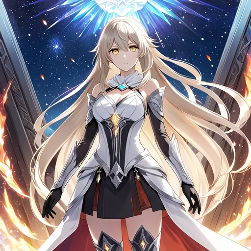 Prompt: anime, girl, detailed, very detailed, a woman in a white clothes, black skirt, stars and galactic in the background, official art, anime, girl, detailed, very detailed, crystal yellow eyes, very long blonde hair, 8k, detailed eyes, Anime illustration of a tall woman, fire aura, black thigh-highs, bright pupils, space, starfalls , high quality, thin body, anime art, detailed eyes, professional, atmospheric lighting, normal hands, five fingers, aura, adult woman, cold face, sharp eyes, 1girl, glowing eyes, Lumine from genshin impact, dress, textured corset with gold accessories, wearing long black gloves, bare shoulders, pyrokinesis, flame, white long arms shirt with black gloves, a white armor futuristic suit, Very long blonde hair