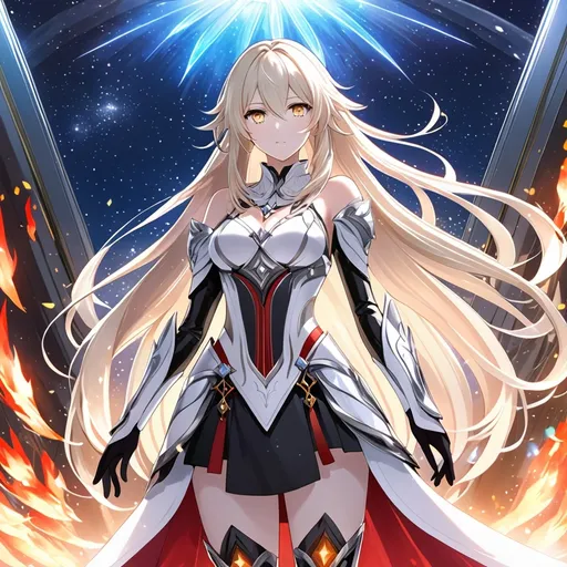 Prompt: anime, girl, detailed, very detailed, a woman in a white clothes, black skirt, stars and galactic in the background, official art, anime, girl, detailed, very detailed, crystal yellow eyes, very long blonde hair, 8k, detailed eyes, Anime illustration of a tall woman,  flame fairy wings, black thigh-highs, bright pupils, space, starfalls , high quality, thin body, anime art, detailed eyes, professional, atmospheric lighting, normal hands, five fingers, aura, adult woman, cold face, sharp eyes, 1girl, glowing eyes, Lumine from genshin impact, dress, textured corset with gold accessories, wearing long black gloves, bare shoulders, pyrokinesis, flame, white long arms shirt with black gloves, a white armor futuristic suit, Very long blonde hair