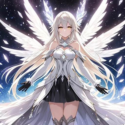 Prompt: anime, girl, detailed, very detailed, a woman in a white clothes, black skirt, stars and galactic in the background, official art, anime, girl, detailed, very detailed, crystal yellow eyes, very long blonde hair, 8k, detailed eyes, Anime illustration of a tall woman, gold light fairy wings, black thigh-highs, bright pupils, space, starfalls , high quality, thin body, anime art, detailed eyes, professional, atmospheric lighting, normal hands, five fingers, aura, adult woman, cold face, sharp eyes, 1girl, glowing eyes, Lumine from genshin impact, dress, textured corset with gold accessories, wearing long black gloves, bare shoulders, pyrokinesis, flame, white long arms shirt with black gloves