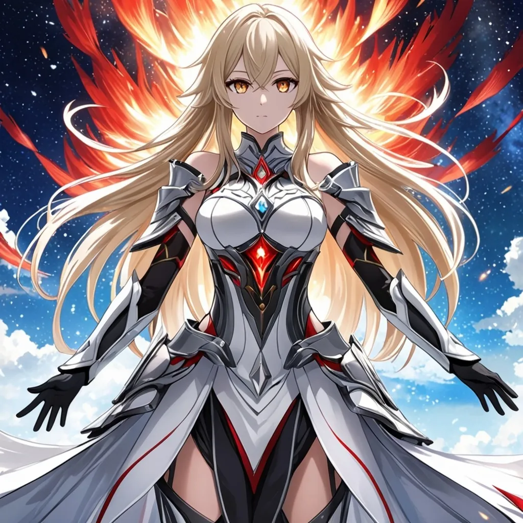 Prompt: anime, girl, detailed, very detailed, a woman in a white clothes, black skirt, stars and galactic in the background, official art, anime, girl, detailed, very detailed, crystal yellow eyes, very long blonde hair, 8k, detailed eyes, Anime illustration of a tall woman, fire aura, black thigh-highs, bright pupils, space, starfalls , high quality, thin body, anime art, detailed eyes, professional, atmospheric lighting, normal hands, five fingers, aura, adult woman, cold face, sharp eyes, 1girl, glowing eyes, Lumine from genshin impact, dress, textured corset with gold accessories, wearing long black gloves, bare shoulders, pyrokinesis, flame, white long arms shirt with black gloves, a white armor futuristic suit, Very long blonde hair