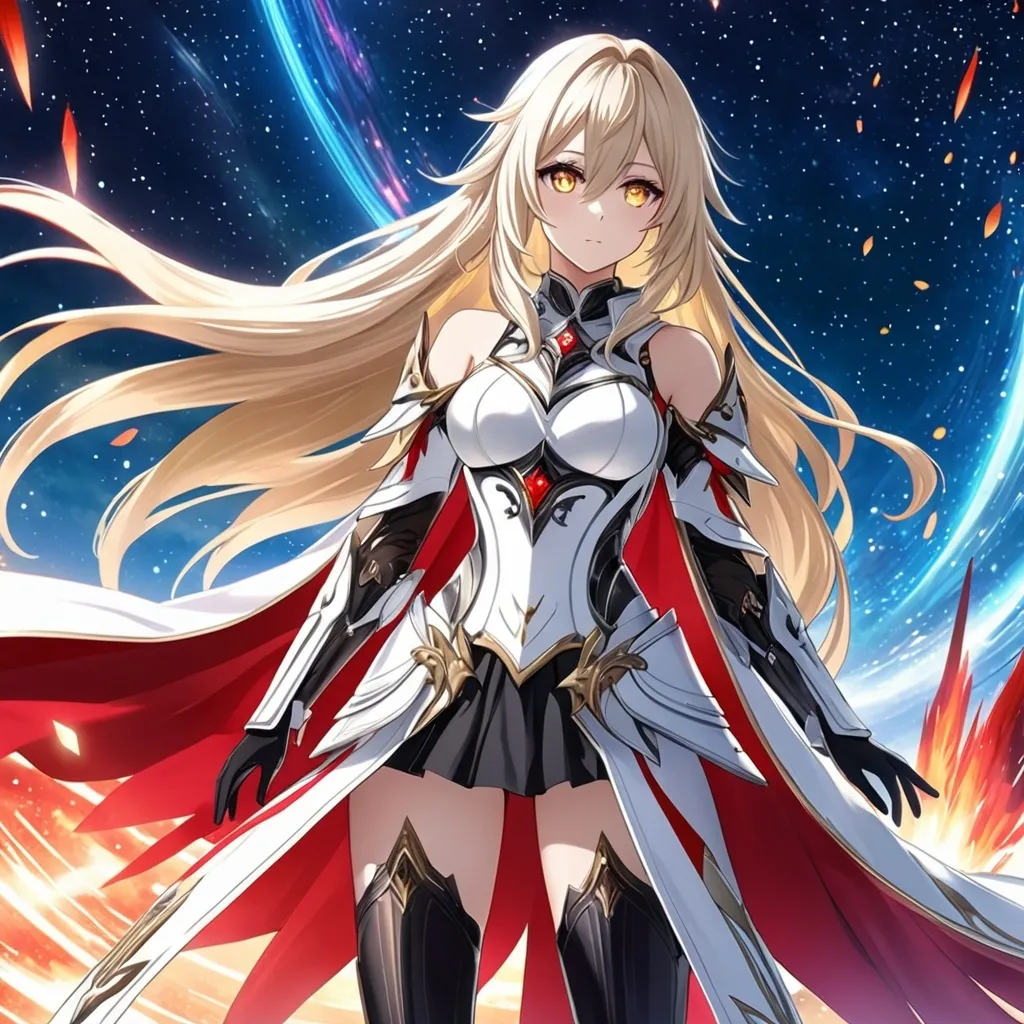 Prompt: anime, girl, detailed, very detailed, a woman in a white clothes, black skirt, stars and galactic in the background, official art, anime, girl, detailed, very detailed, crystal yellow eyes, very long blonde hair, 8k, detailed eyes, Anime illustration of a tall woman, black thigh-highs, bright pupils, space, starfalls , high quality, thin body, anime art, detailed eyes, professional, atmospheric lighting, normal hands, five fingers, aura, adult woman, cold face, sharp eyes, 1girl, glowing eyes, Lumine from genshin impact, dress, textured corset with gold accessories, wearing long black gloves, pyrokinesis, flame, white long arms shirt with black gloves, a white armor futuristic suit with bare shoulders, Very long blonde hair