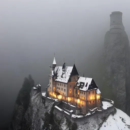 Prompt: schwarzes schloss bei gewitter auf einem berg mit lila färbenden blitzen im Nebel in einem epischen vintage Stil