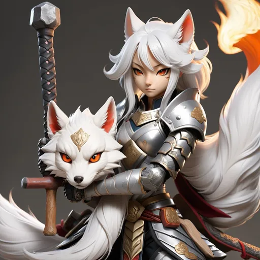 Prompt: A white haired kitsune holding a hammer & wearing full plate armor