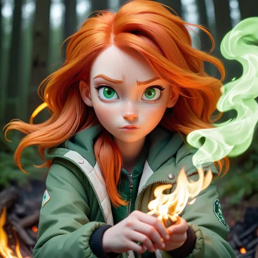 Prompt: Orange haired girl, white skin, green eyes, creating magical fire, staring at the camera, cute, cartoonis, wearing a jacket