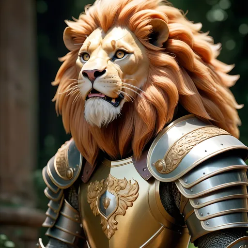 Prompt: 4k realistic Lion Plate Armor, Regal, high quality, beautiful.