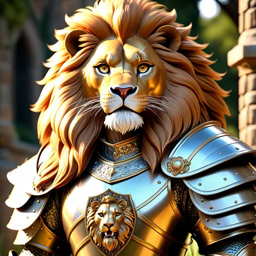 Prompt: 4k, realistic, Plate armor with a Lion design, Regal, high quality, beautiful, glimmering, only armor