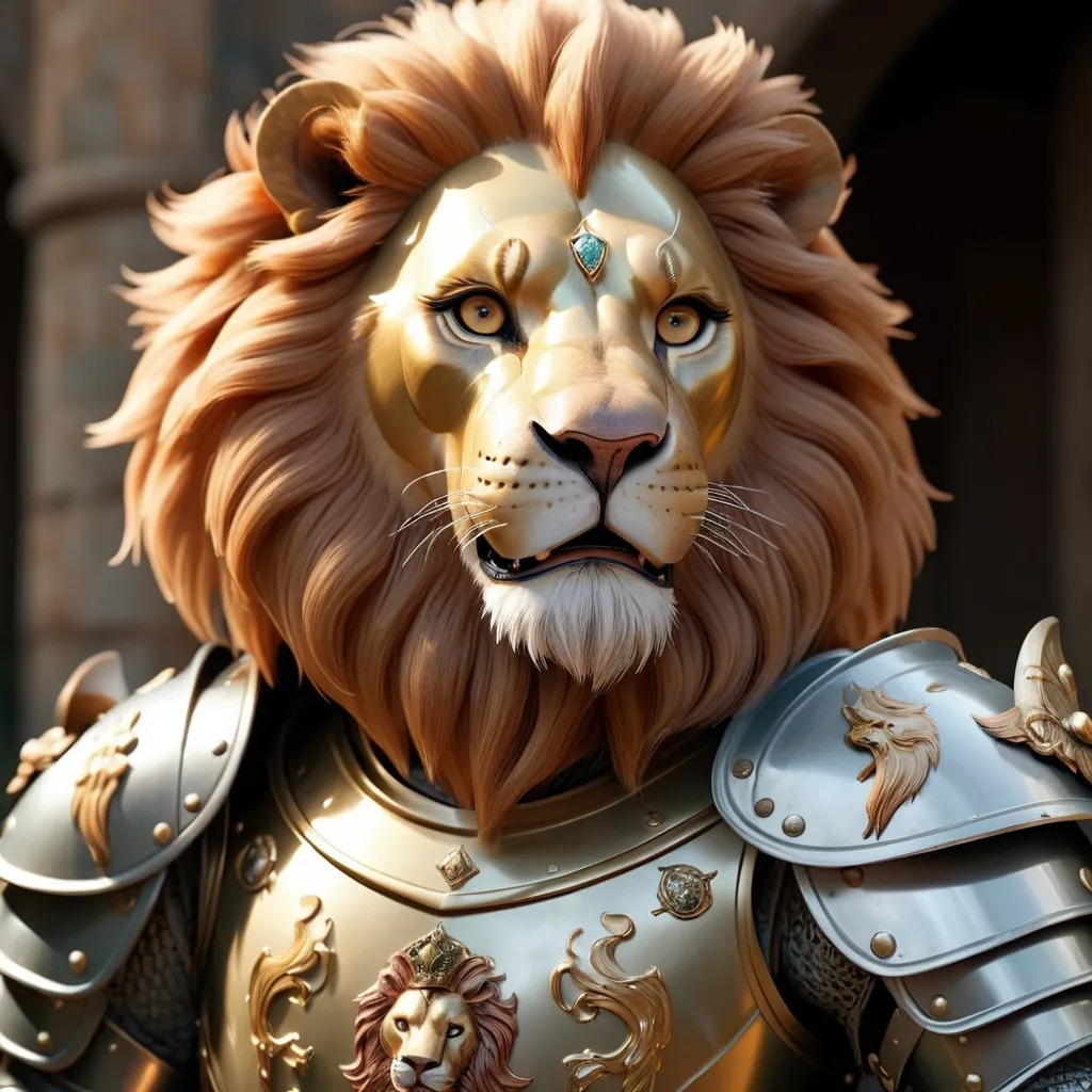 Prompt: 4k, realistic, Plate armor with a Lion design, Regal, high quality, beautiful, glimmering, only armor