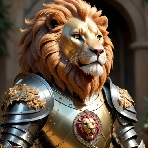 Prompt: 4k, realistic, Plate armor with a Lion design, Regal, high quality, beautiful, glimmering, only armor