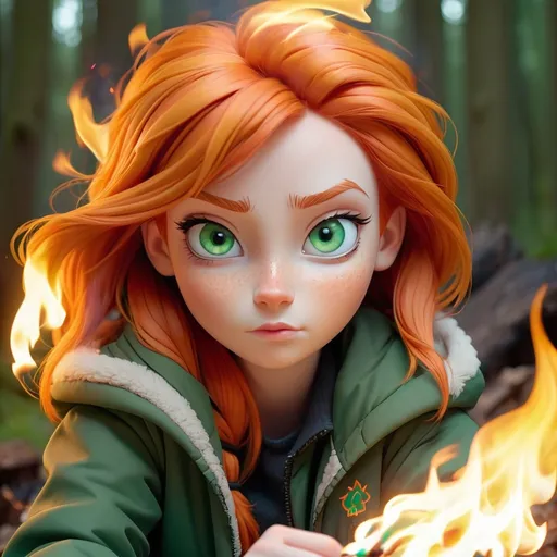 Prompt: Orange haired girl, white skin, green eyes, creating magical fire, staring at the camera, cute, cartoonis, wearing a jacket