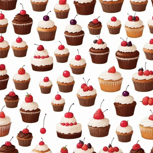 Prompt: create a seamless pattern of different types of cakes and cupcakes white background very specious and clean with different object colors 