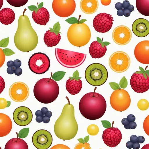 Prompt: A beautifully designed seamless pattern featuring two types  of fruits. Each fruit is distinct, with a range of colors. The fruits are spaced out evenly, and the overall design appears clean and elegant. The white background ensures that the colors of the desserts pop, making the pattern visually appealing and perfect for any design project.