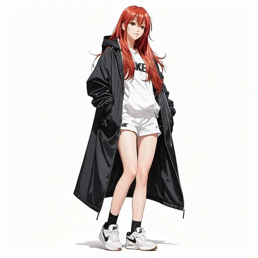 Prompt: front facing full body drawn anime girl with long straight red hair wearing a black oversized jacket and nike sneakers, plain white background