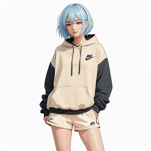 Prompt: front facing full body flat drawn anime girl with short straight light blue hair wearing a plain beige oversized pullover hoodie, beige shorts and nike tan sneakers, plain white background