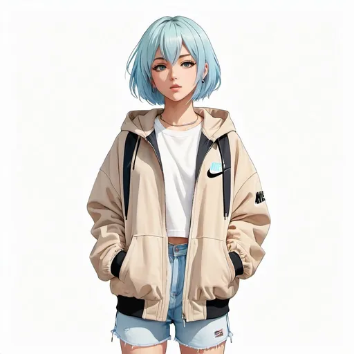 Prompt: front facing full body drawn anime girl with short straight light blue hair wearing a beige oversized jacket and a hoodie, nike sneakers, plain white background