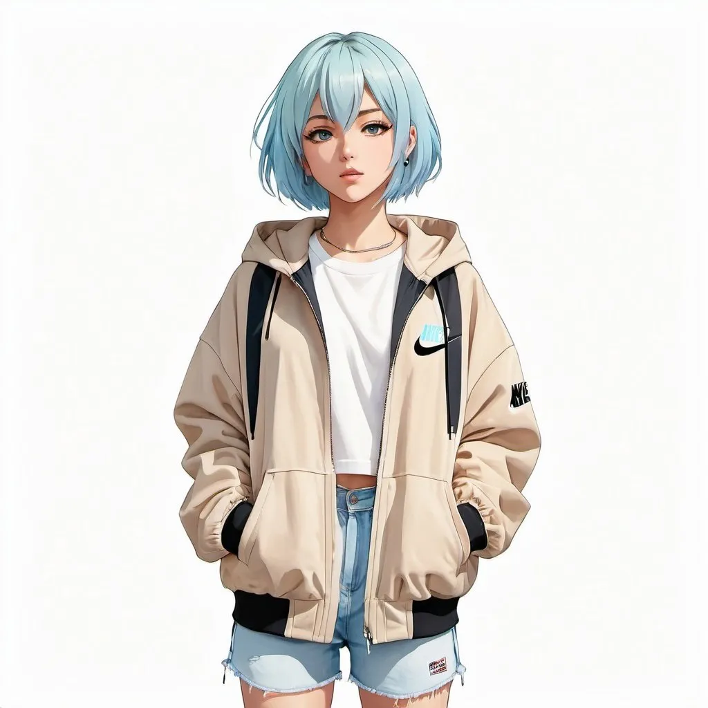 Prompt: front facing full body drawn anime girl with short straight light blue hair wearing a beige oversized jacket and a hoodie, nike sneakers, plain white background