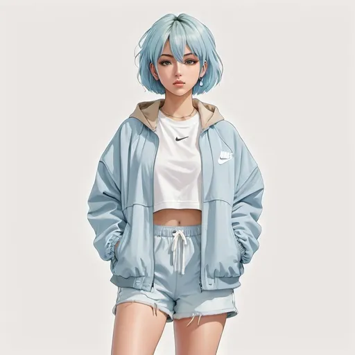 Prompt: front facing full body drawn anime girl with short straight light blue hair wearing a beige oversized jacket and nike sneakers, plain white background