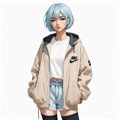 Prompt: front facing full body drawn anime girl with short straight light blue hair wearing a plain beige oversized jacket and nike sneakers, plain white background