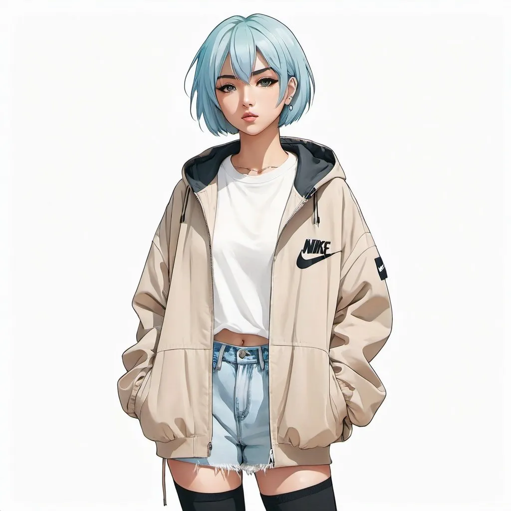 Prompt: front facing full body drawn anime girl with short straight light blue hair wearing a plain beige oversized jacket and nike sneakers, plain white background