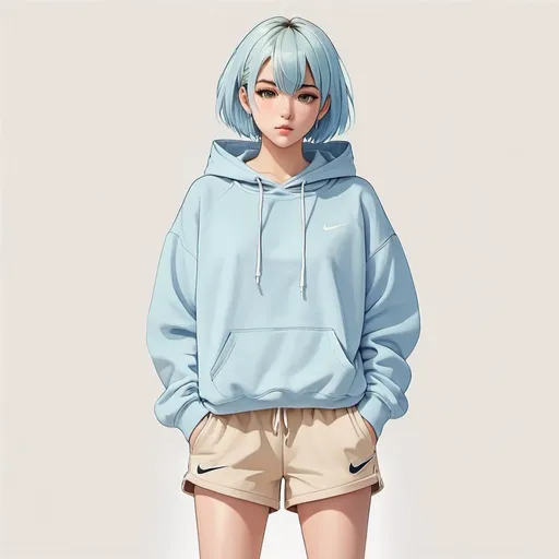 Prompt: front facing full body flat drawn anime girl with short straight light blue hair wearing a plain beige oversized pullover hoodie, beige shorts and nike sneakers, plain white background