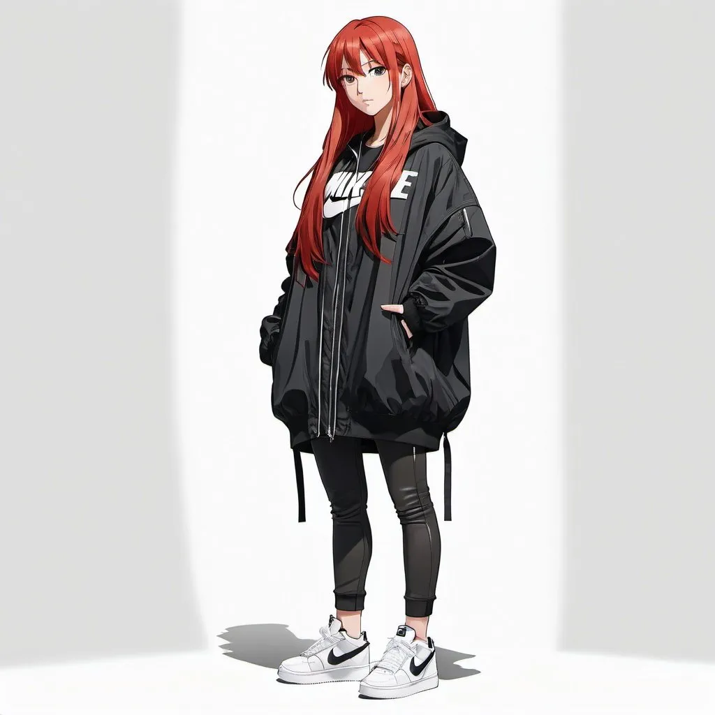 Prompt: front facing full body drawn anime girl with long straight red hair wearing a black oversized jacket and nike sneakers, plain white background