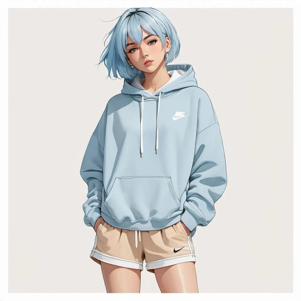 Prompt: front facing full body flat drawn anime girl with short straight light blue hair wearing a plain beige oversized pullover hoodie, beige shorts and nike sneakers, plain white background