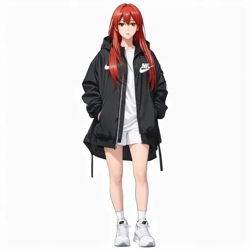 Prompt: front facing full body drawn anime girl with long straight red hair wearing a black oversized jacket and nike sneakers, plain white background