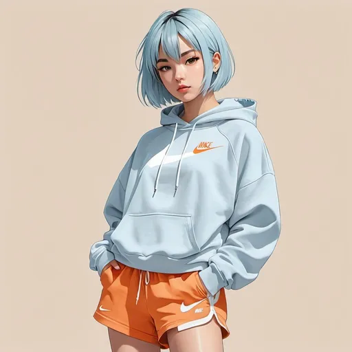 Prompt: front facing full body flat drawn anime girl with short straight light blue hair wearing a plain beige oversized pullover hoodie, beige shorts and nike tan sneakers (orange nike swoosh), plain white background