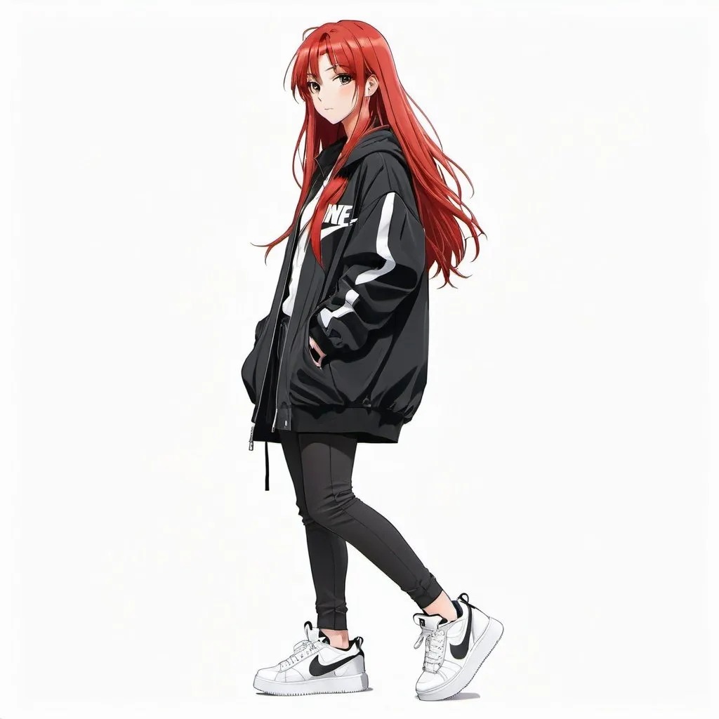 Prompt: front facing full body drawn anime girl with long straight red hair wearing a black oversized jacket and nike sneakers, plain white background