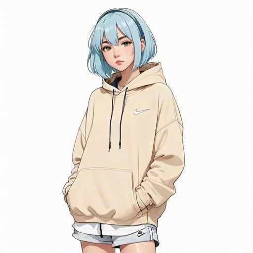 Prompt: front facing full body flat drawn anime girl with short straight light blue hair wearing a plain beige oversized pullover hoodie, beige shorts and nike sneakers, plain white background