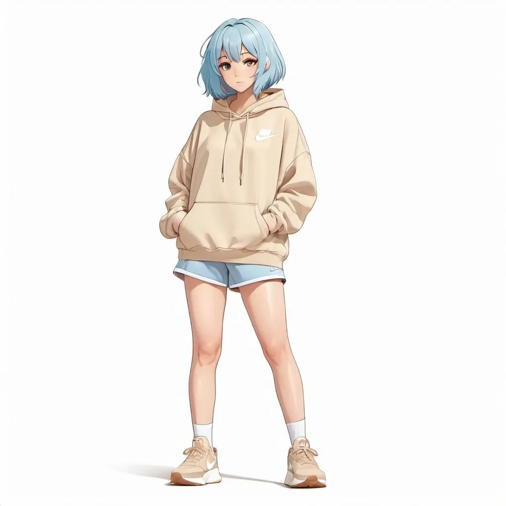 Prompt: front facing full body flat drawn anime girl with short straight light blue hair wearing a plain beige oversized pullover hoodie, beige shorts and nike tan sneakers, plain white background