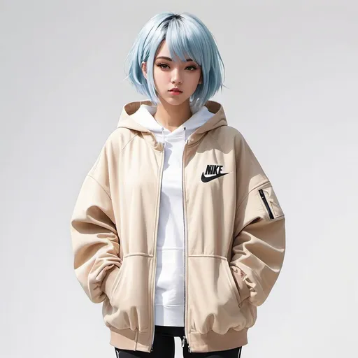 Prompt: front facing full body drawn anime girl with short straight light blue hair wearing a beige oversized jacket and a hoodie, nike sneakers, plain white background