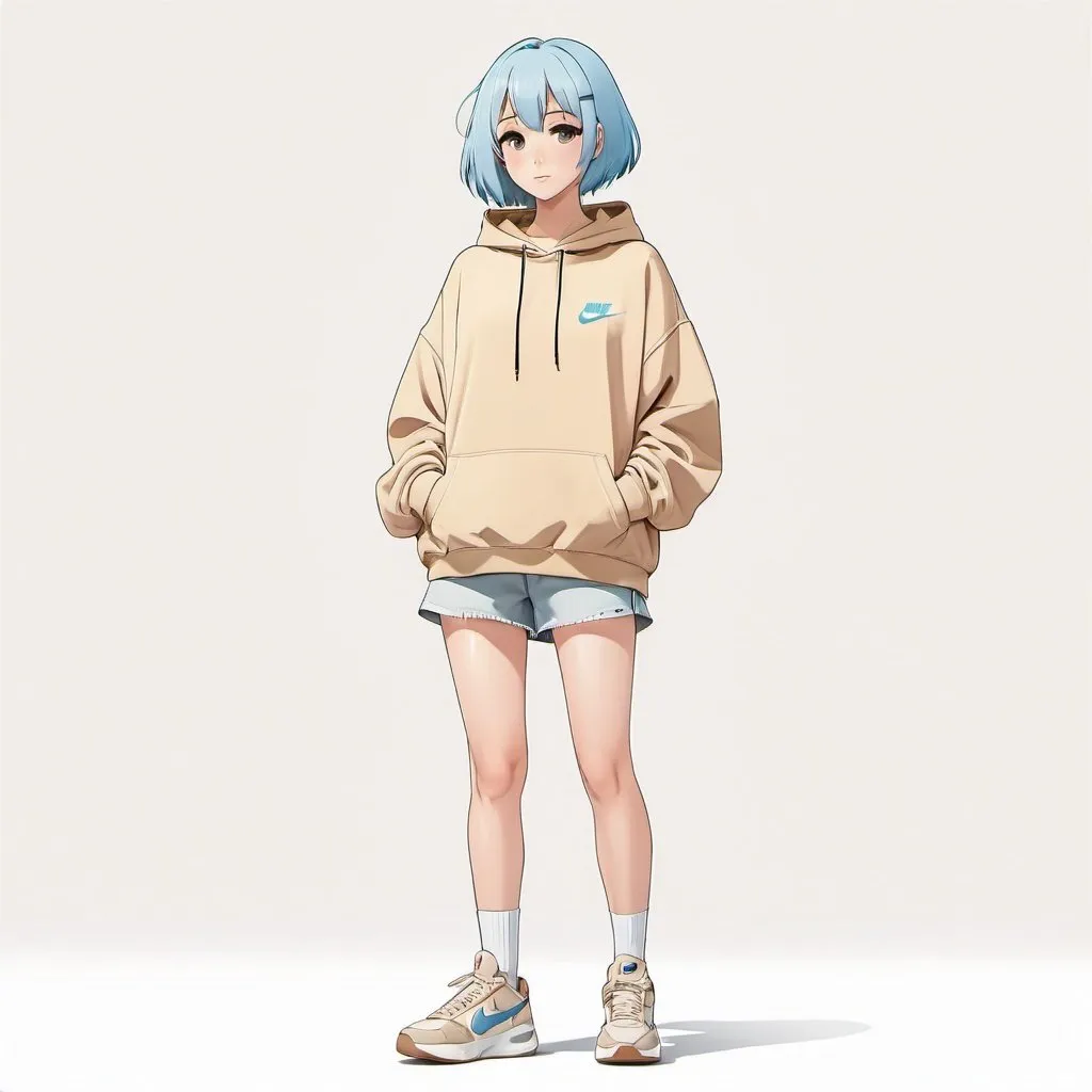 Prompt: front facing full body flat drawn anime girl with short straight light blue hair wearing a plain beige oversized pullover hoodie, beige shorts and nike tan sneakers, plain white background