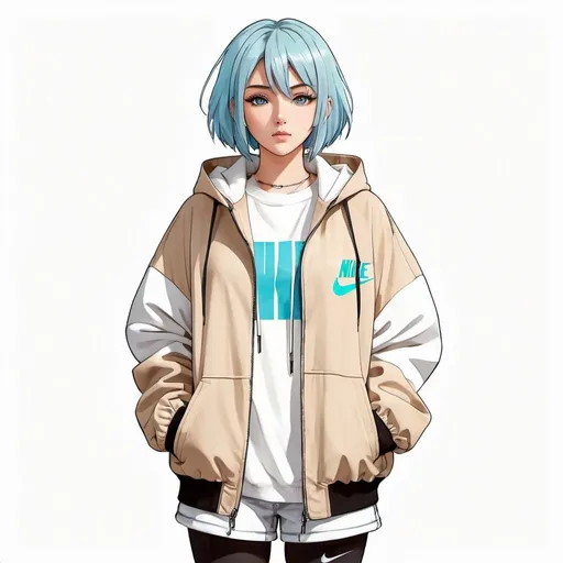 Prompt: front facing full body drawn anime girl with short straight light blue hair wearing a beige oversized jacket and a hoodie, nike sneakers, plain white background