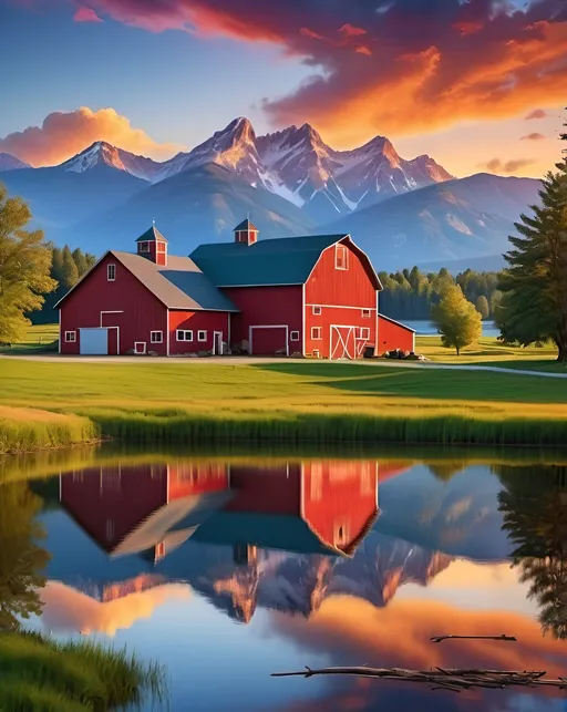 Prompt: 
Create a vibrant image of a scenic view at sunset. The top half of the image features majestic mountains in the distance, encircling a beautiful blue lake. The bottom half showcases a picturesque farm with a classic red barn. The sky is filled with colorful clouds, reflecting the warm hues of the setting sun.