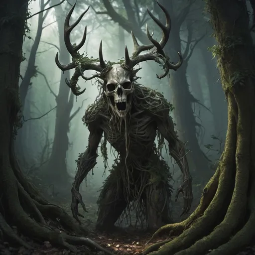 Prompt: A dark, twisted Leshy stands in a shadowy, ancient forest. Its body is made of knotted, writhing tree vines, constantly shifting and intertwining. The Leshy has a long, cracked deer skull for a head, with jagged antlers twisting unnaturally into the air. Its hollow eye sockets glow with a sickly green light, and dark sap drips from the vines snaking out from the skull. The Leshy's hands are long, thorny vines that scrape the earth. The surrounding forest is warped, with twisted trees, blackened mushrooms, and an eerie, dim light that casts deep, unsettling shadows.