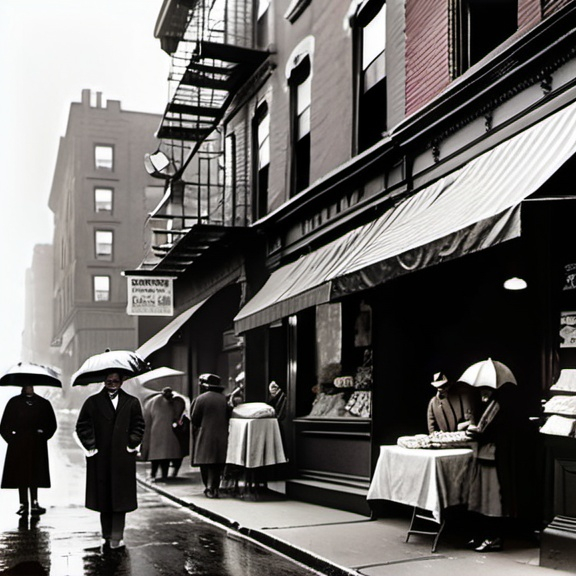 Prompt: Lower East Side, NYC turn of the century. 
Storefront shops with tarp covers vending baked goods, bagels, Bialys, delicatessen offerings and diners. men and boys wearing yarmulkes. Women shopping. Cars parked in street. Sidewalks full of shoppers and onlookers. Drizzling rain amidst the late afternoon gloom. Taller office buildings and in the distance, the Brooklyn bridge is visible.