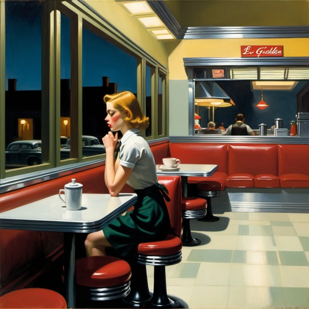 Prompt: Lonely Night at a diner, tired waitress, short order cook by griddle, only two customers, sitting and drinking coffee on stools. Edward Hopper.