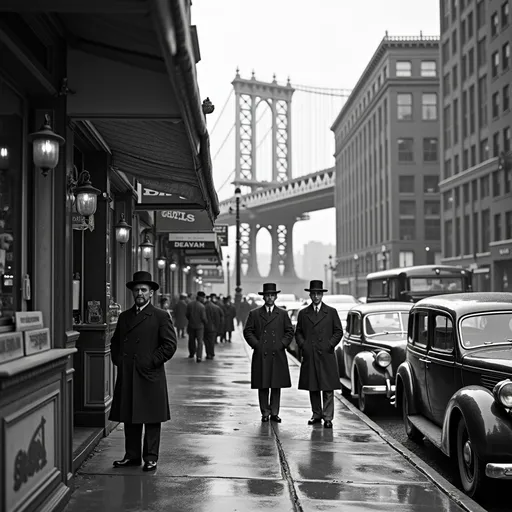 Prompt: Lower East Side, NYC turn of the century. 
Storefront shops with tarp covers vending baked goods, bagels, Bialys, delicatessen offerings and diners. Jewish men and boys wearing yarmulkes. Cars parked in street. Sidewalks full of shoppers and onlookers. Drizzling rain amidst the late afternoon gloom. Taller office buildings and in the distance, the Brooklyn bridge is visible.