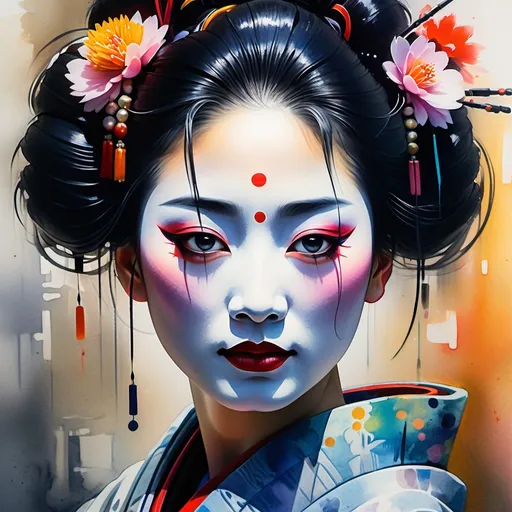 Prompt: Wide-angle, centered. Beautiful geisha portrait. Entire EM spectrum. Lush figure, Glistening raven hair, luminous black eyes. Textured watercolor wet wash, gouache, oil pastels. Dynamic lighting, cinematic, photorealistic, 32k resolution. Cubist, Impressionism, Post-expressionism, minimalist. Picasso, Chagall, Kandinsky, Manet, Renoir, Degas. 