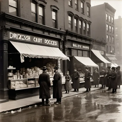 Prompt: Lower East Side, NYC 1900s. 
Storefront shops with tarp covers vending baked goods, bagels, Bialys, delicatessen offerings and diners. Jewish men and boys wearing yarmulkes. Women Cars parked in street. Sidewalks full of women shoppers and onlookers,including a pair of policemen. Drizzling rain amidst the late afternoon gloom. Taller office buildings, in the distance, a bridge is visible.