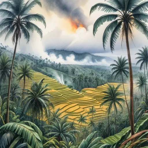 Prompt: A panoramic view of tropical rice terraces, shaded by tall palm and banana trees. In the distance, smoke ascends through misty forested regions to storm clouds with lightning strikes aglow with late afternoon light. Watercolor wet wash, gouache, oil pastels. hyperdetailed, phototrealistic, expressionism, minimalist. HDR, 64k resolution, Dynamic lighting, cinematic. Kandinsky, Manet, Matisse, Toulous-Latrec, Degas, Renoir.