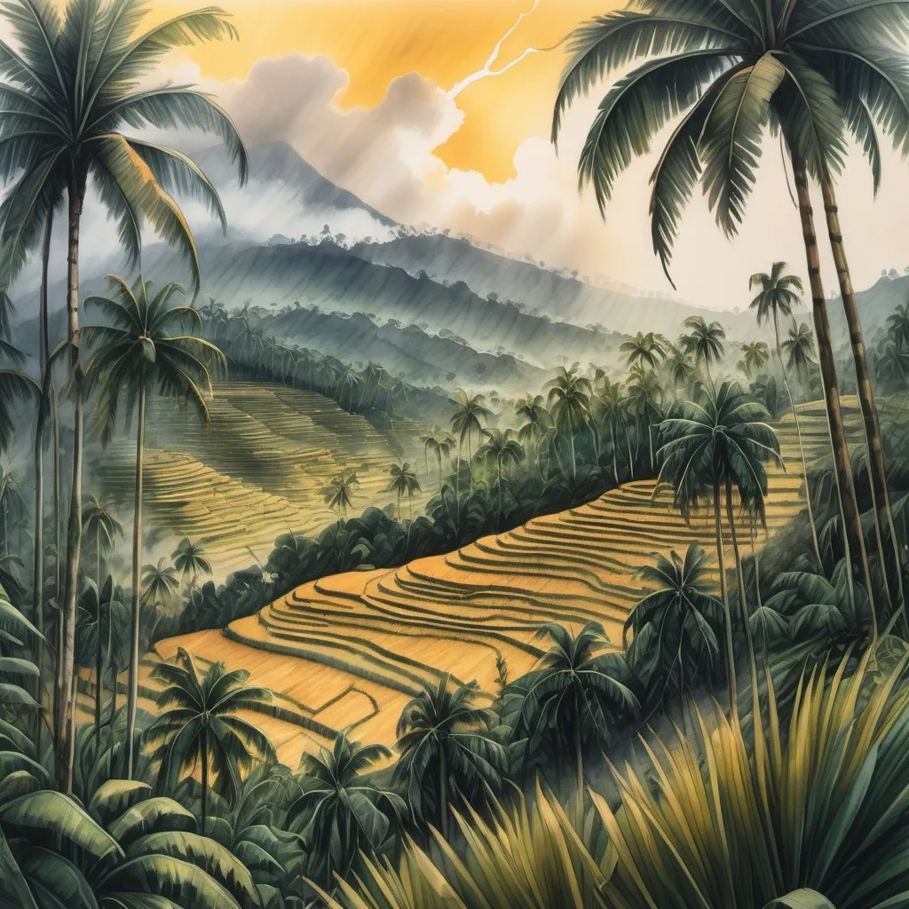 Prompt: A panoramic view of tropical rice terraces, shaded by tall palm and banana trees. In the distance, smoke ascends through forested regions to storm clouds with lightning strikes aglow with late afternoon golden light. Atmospheric natural golden light, watercolor wet wash, gouache, oil pastels. hyperrealism, expressionism, minimalist. sharp focus 32k resolution, photorealism. Dynamic lighting, cinematic. Manet, Matisse, Kandinsky, Degas. 