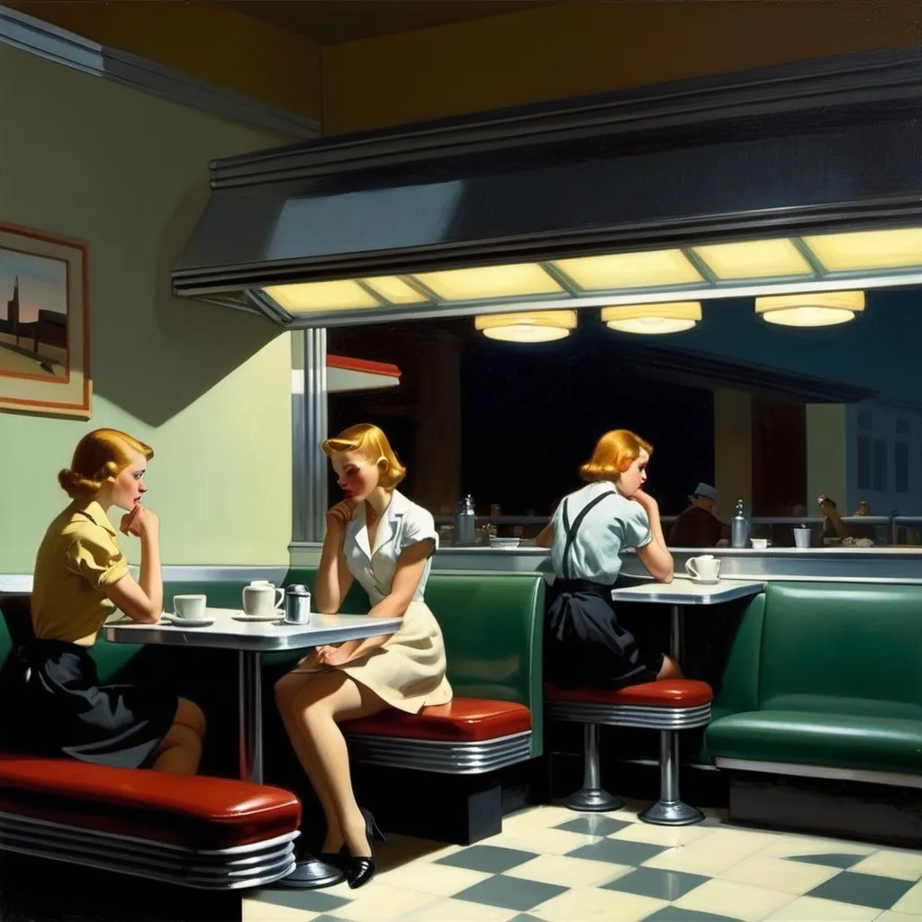 Prompt: Lonely Night at a diner, tired waitress, short order cook by griddle, only two customers, sitting and drinking coffee on stools. Edward Hopper.