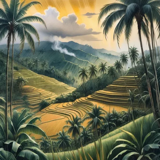 Prompt: A panoramic view of tropical rice terraces, shaded by tall palm and banana trees. In the distance, smoke ascends through forested regions to storm clouds with lightning strikes aglow with late afternoon golden light. Atmospheric natural golden light, watercolor wet wash, gouache, oil pastels. hyperrealism, expressionism, minimalist. sharp focus 32k resolution, photorealism. Dynamic lighting, cinematic. Manet, Matisse, Kandinsky, Degas. 